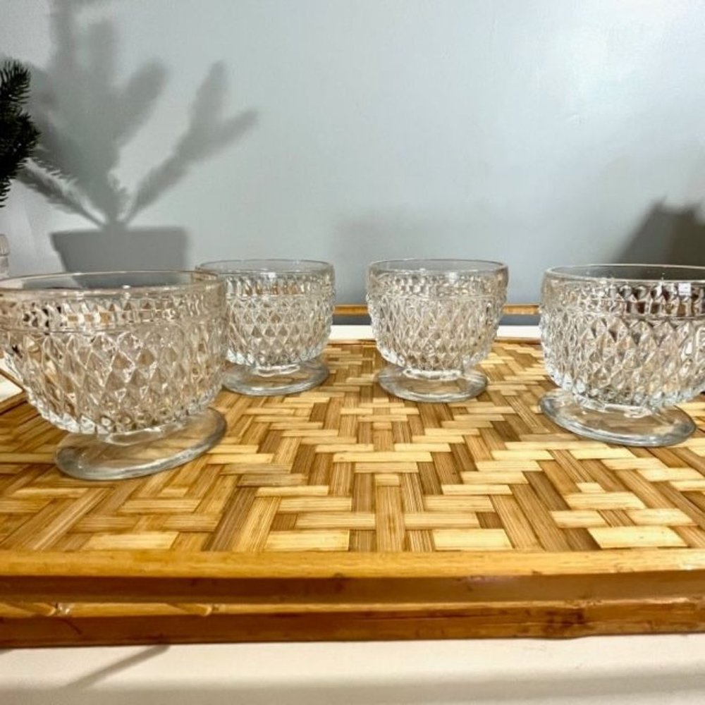 MCM Vintage Indiana Glass pedstal Diamond Point Sherbet  Desert Cups - Set of 4